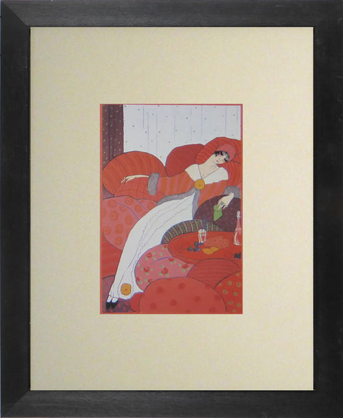 Georges lepape "Les Coussins" Lady reclining on red cushions