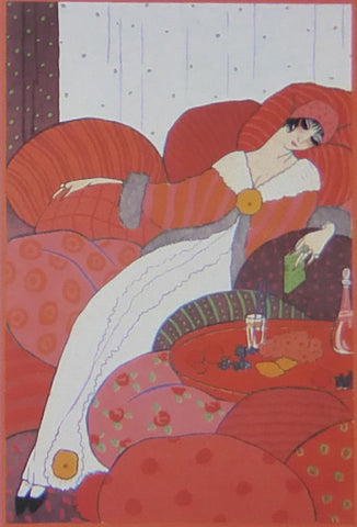 Georges lepape "Les Coussins" Lady reclining on red cushions