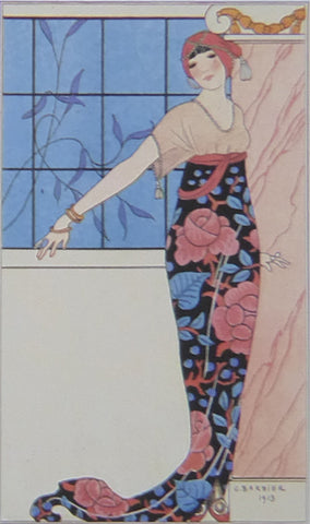 George Barbier Grande Robe de Soir Lady in blue & red dress in front of window