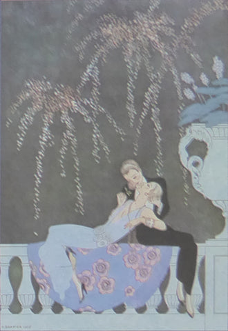 Georges Barbier The Fire 2 Ladies reclining on ornamental ballustrade with black background