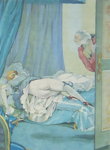 Figure on bed with rear end exposed with green background