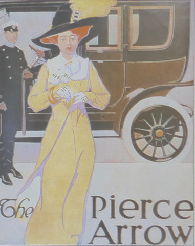 Pierce Arrow with lady in yellow coat & black hat