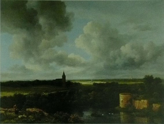 A landscape with a ruined castle and a church Jacob van Ruisdael