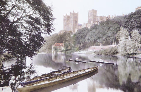 Durham river scene with cathedral on hill in background