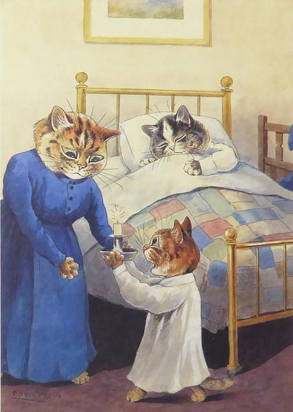 3 Cats with a mother cat, cat in a bed and another cat with a candle Louis Wain