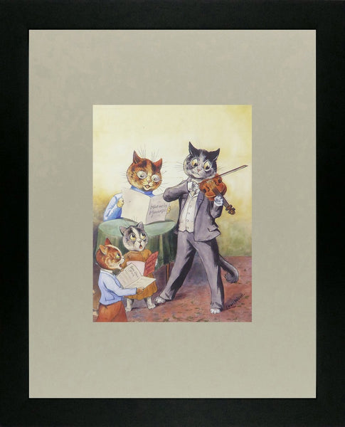 4 Cats with a father cat playing a violin, mother cat singing and 2 little cats looking on Louis Wain