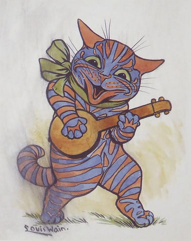 Striped cat playing banjo Louis Wain