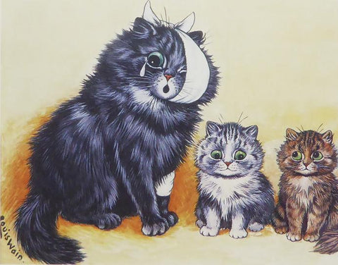 1 bandaged cat with 2 little cats Louis Wain