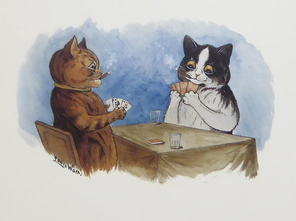 2 Cats playing cards Louis Wain