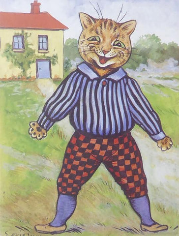 Cat weraing striped shirt in front of a cottage Louis Wain
