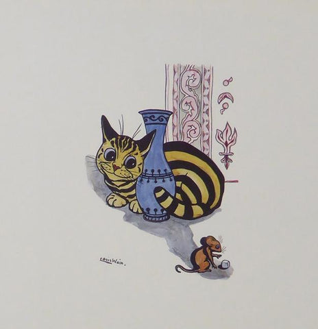 Striped cat behind vase with mouse in foregaround Louis Wain