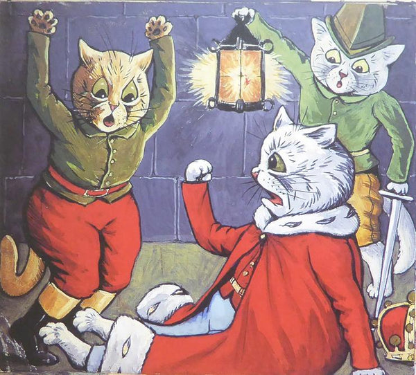 3 Cats with one dressed as a king Louis Wain