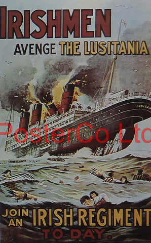 WWII Propaganda Poster (Irish) - Join An Irish Regiment, avenge the Lusitania - Framed Picture - 14"H x 11"W