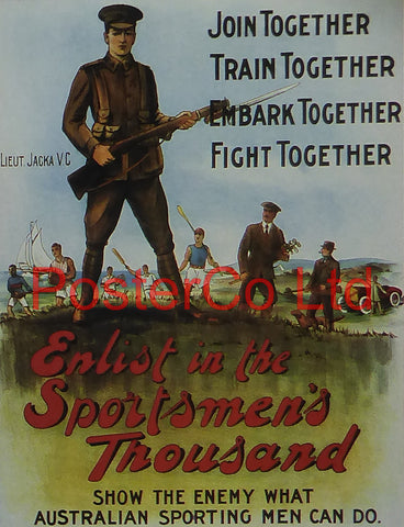 WWI Propaganda Poster (Australian) - Enlist in the Sportman's Thousand (Albert Jacka VC, Sportsmen 1000) - Framed Picture - 14"H x 11"W