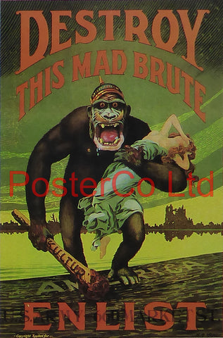 WWI Propaganda Poster (American) - Destroy This Mad Brute, Enlist - Framed Picture - 14"H x 11"W