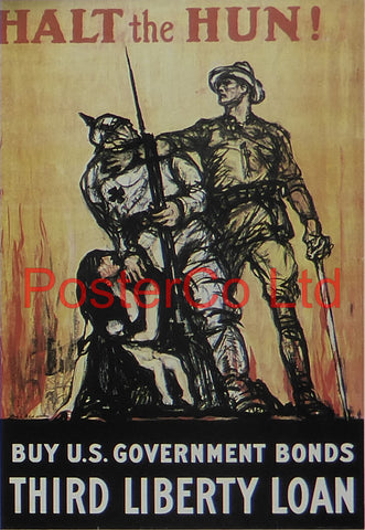WWI Propaganda Poster (American) - Halt The Hun - Third Liberty Loan - Framed Picture - 14"H x 11"W