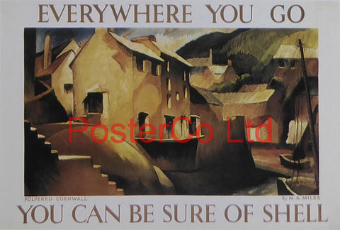 Shell Advert - Wherever you go you can be sure of Shell - Polperro Cornwall (1933) - Maurice A Miles - Framed Picture - 11"H x 14"W