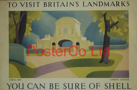 Shell Advert - To Visit Britain's Landmarks, You can be sure of Shell - Temple Bar (1936) - Edward Scroggie - Framed Picture - 11"H x 14"W