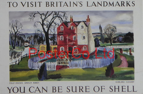 Shell Advert - To Visit Britain's Landmarks, You can be sure of Shelll - Folly Houses, Darley Abbey (1937) - Rowland Suddaby - Framed Picture - 11"H x 14"W