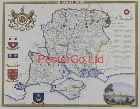 Hampshire Map - Framed Print - 11"H x 14"W
