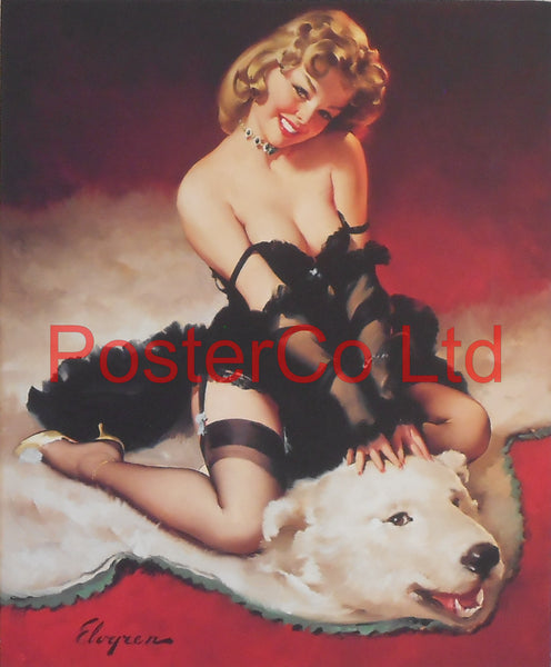 On A Bear Skin Rug Pin Up (Gil Elvgren)  - Framed Picture - 16"H x 12"W