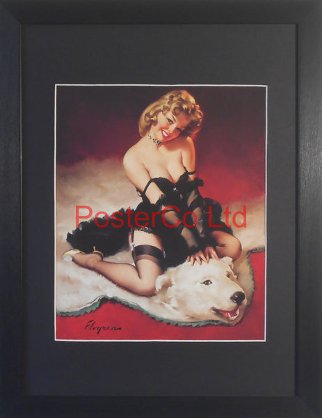 On A Bear Skin Rug Pin Up (Gil Elvgren)  - Framed Picture - 16"H x 12"W