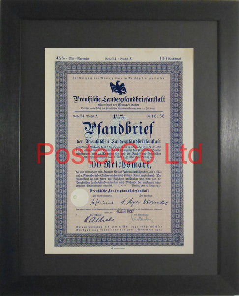 1937 German Bank Bond (Pfandbrief) 100 Reichsmark - Framed Certificate - 16"H x 12"W