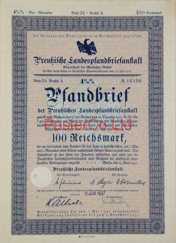 1937 German Bank Bond (Pfandbrief) 100 Reichsmark - Framed Certificate - 16"H x 12"W