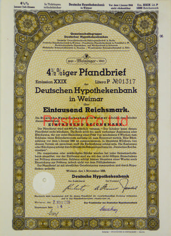 1939 Mortgage Bank Bond (Pfandbrief) 1000 Reichsmark - Framed Certificate - 16"H x 12"W