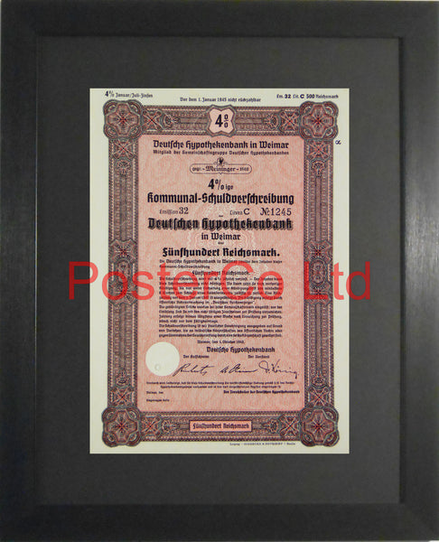 1940 Mortgage Bank Bond (Pfandbrief) 500 Reichsmark - Framed Certificate - 16"H x 12"W