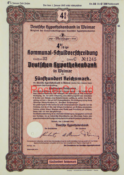 1940 Mortgage Bank Bond (Pfandbrief) 500 Reichsmark - Framed Certificate - 16"H x 12"W