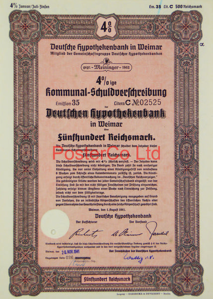 1941 Mortgage Bank Bond (Pfandbrief) 500 Reichsmark - Framed Certificate - 16"H x 12"W