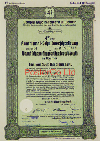 1941 Mortgage Bank Bond (Pfandbrief) 100 Reichsmark - Framed Certificate - 16"H x 12"W