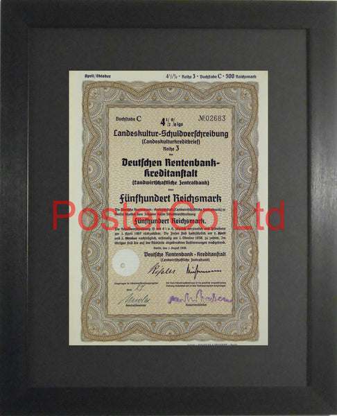 1938 RentenBank Bond (Pfandbrief) 500 Reichsmark - Framed Certificate - 16"H x 12"W