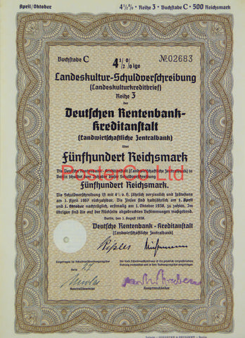 1938 RentenBank Bond (Pfandbrief) 500 Reichsmark - Framed Certificate - 16"H x 12"W
