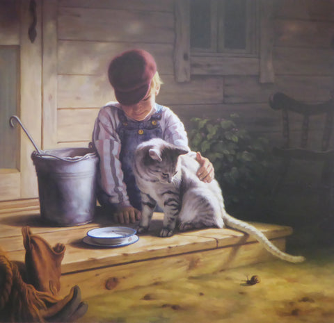 Front Porch (Boy and Cat) Mark Arian (Genuine and Vintage)