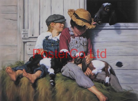 Kids & kids (Children and Goats) - Mark Arian - Artbeats 1991 - Framed Print - 12"H x 16"W