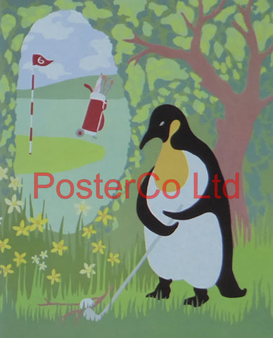 Putting Penguin - Cathi Whiting - Felix Rose 1986 - Framed Print - 14"H x 11"W