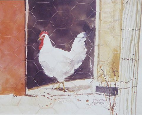 White hen in a cage 