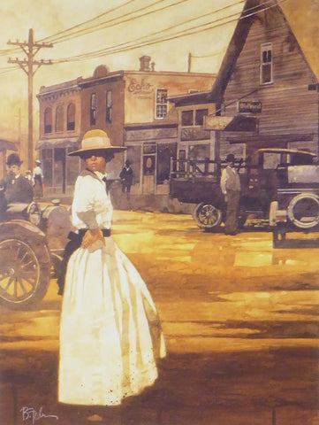 Woman in white dress & hat with cars & buildings in background 