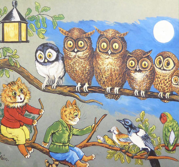2 Cats,6 owls & 5 birds on a tree   Louis Wain