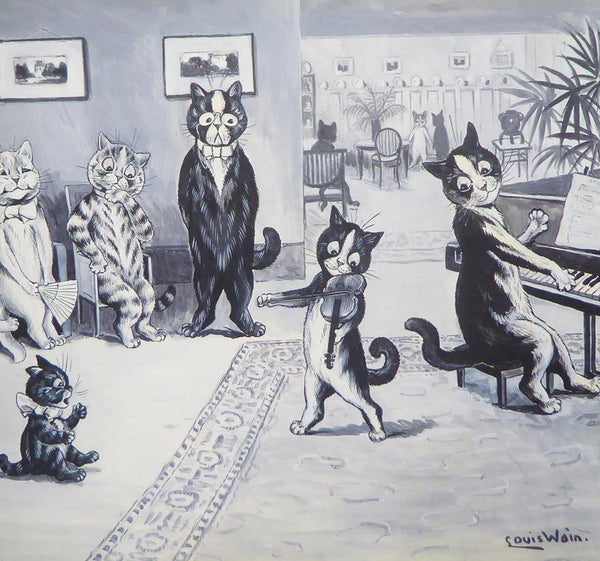 4 Cats watching 1 cat play violin and a cat playing a piano   Louis Wain