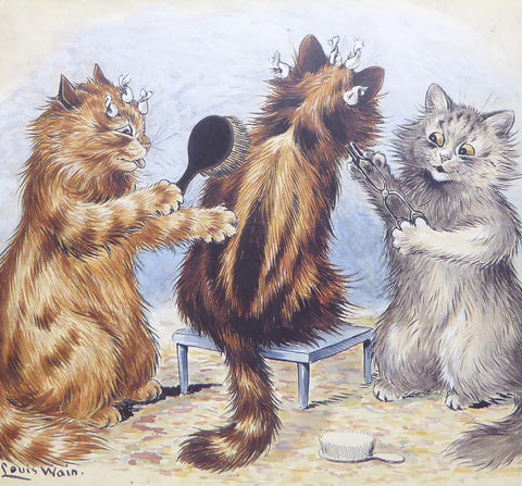 2 Cats grooming another cat   Louis Wain