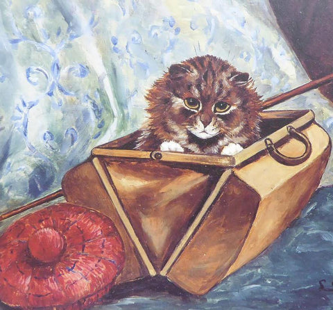 Brown cat in a valise   Louis Wain