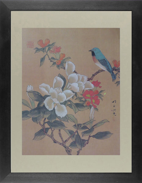 Asian white and red Flowers and Bird