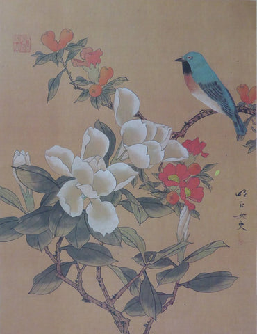 Asian white and red Flowers and Bird