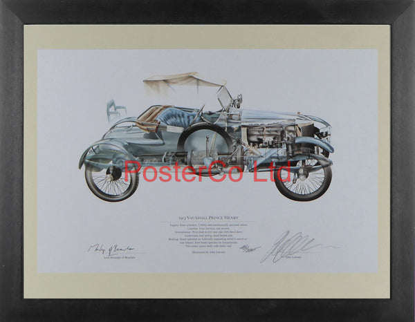 Vauxhall Prince Henry 1913 - John Lawson and Lord Montague of Beaulieu - (Limited Numbered and Signed Edition) - Framed Print - 12"H x 16"W